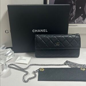 CHANEL Black Quilted Leather Wallet on Chain with box & ribbon